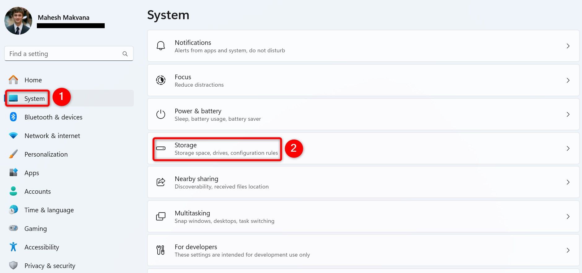 'System' and 'Storage' highlighted in Windows 11 Settings.