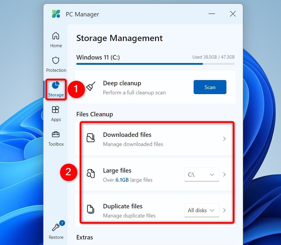 File cleanup options in PC Manager.