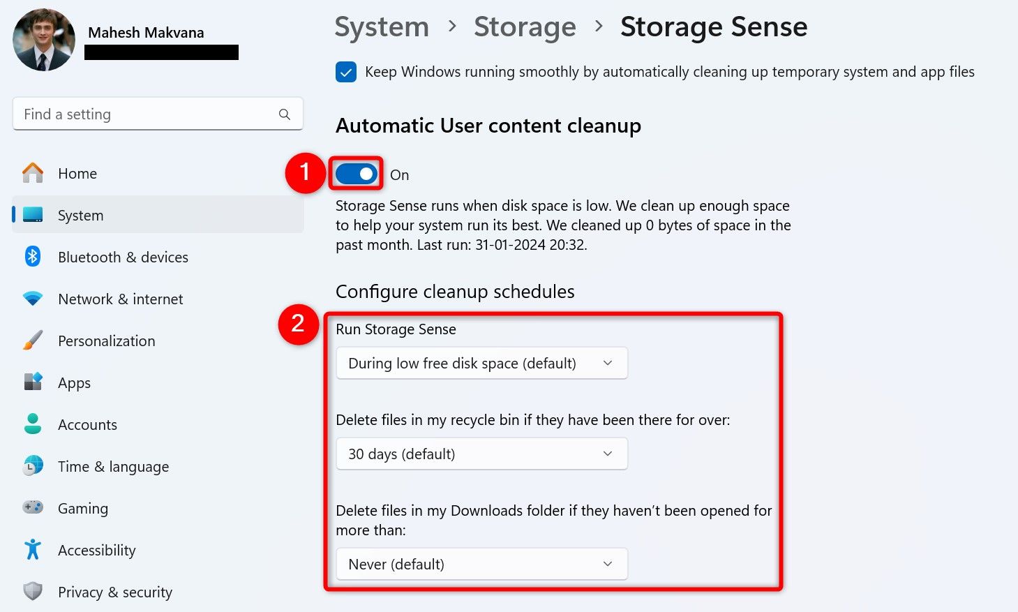 Storage Sense configuration options in Windows 11 Settings.