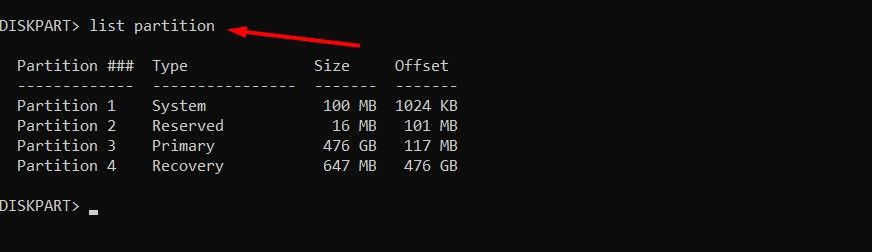 List partition command in CMD