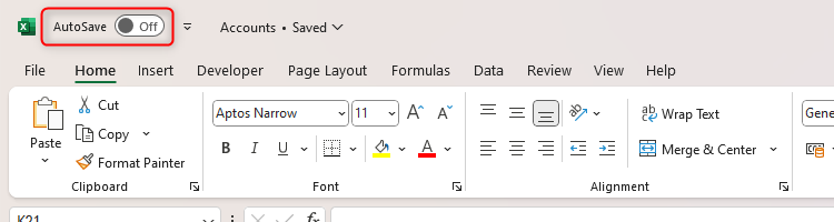 Excel's AutoSave toggle switched to Off in the QAT.