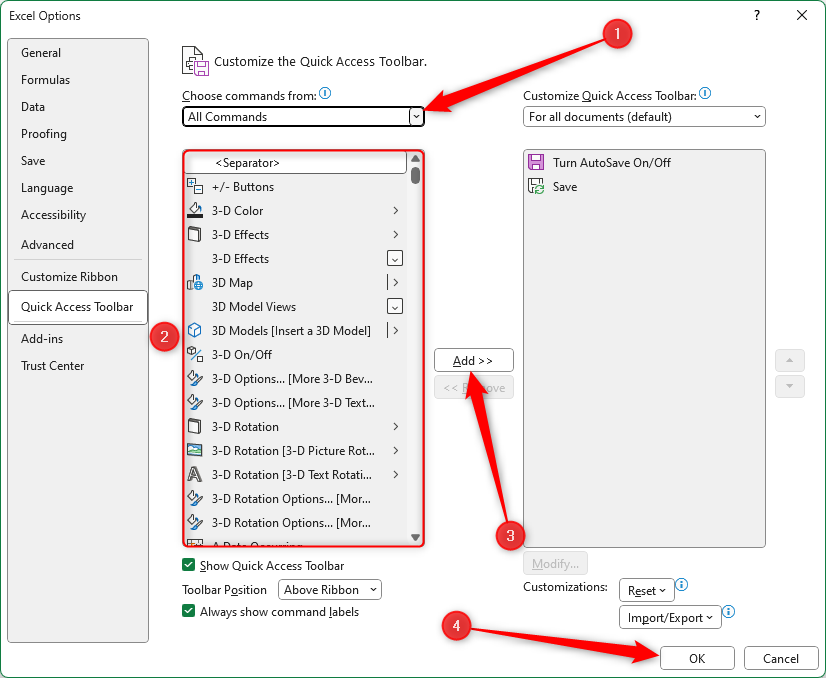 The Excel Options dialog box with the different Quick Access Toolbar commands available under All Commands.