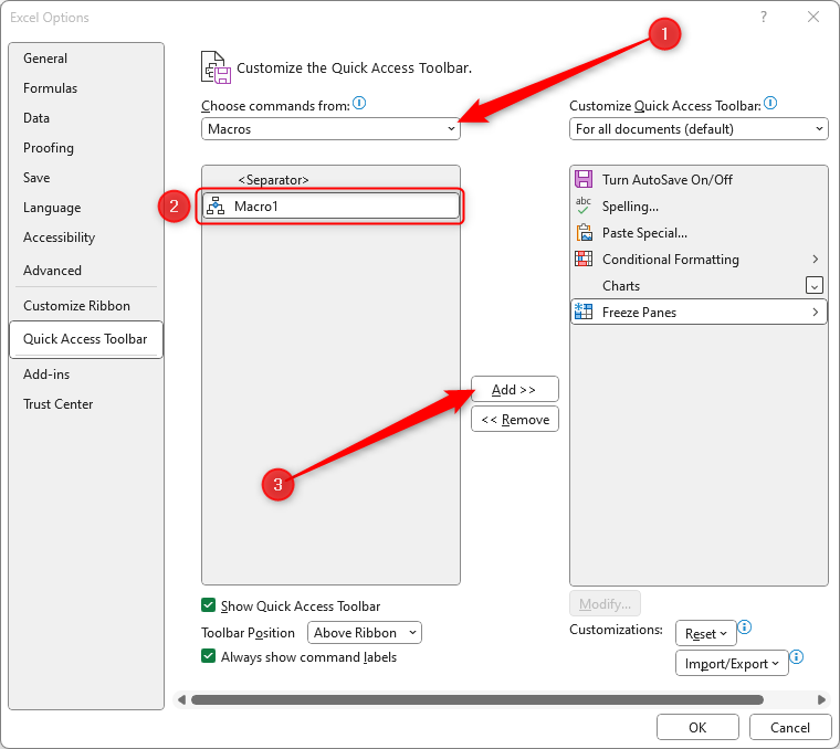 The Excel Options window with a macro being added to the Quick Access Toolbar.