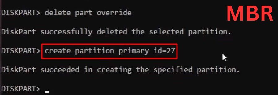 create partition primary for MBR command in CMD