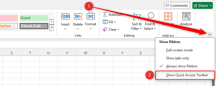 The Show Quick Access Toolbar in Excel is highlighted.