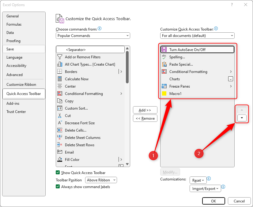 Excel Options with the arrows for reordering the Quick Access Toolbar highlighted.