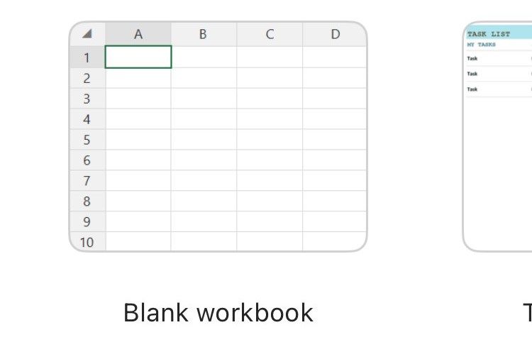 The Blank Workbook option in the welcome screen of the iPhone Excel app.