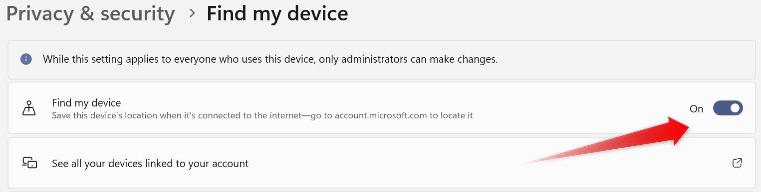 Turning on Find My Device in Windows Settings.