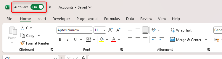 The AutoSave icon is green in the Excel QAT.