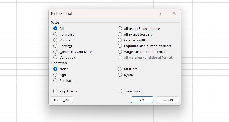 Excel's Paste Special dialog box.