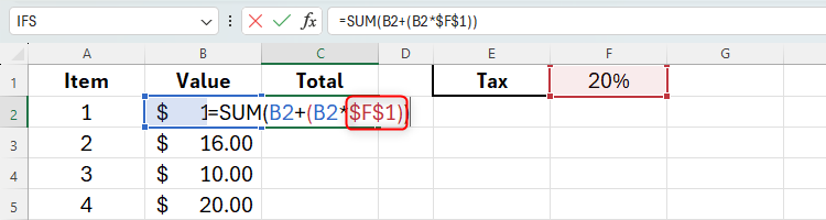 An Excel formula containing $F$1 as an absolute reference.