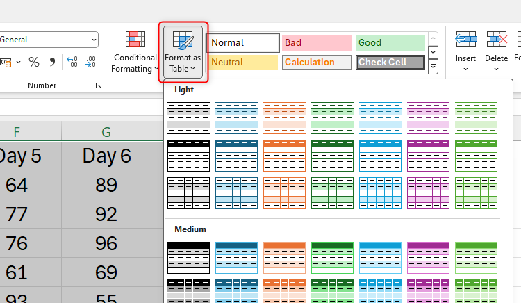 An Excel worksheet with data selected and the Format As Table option highlighted.