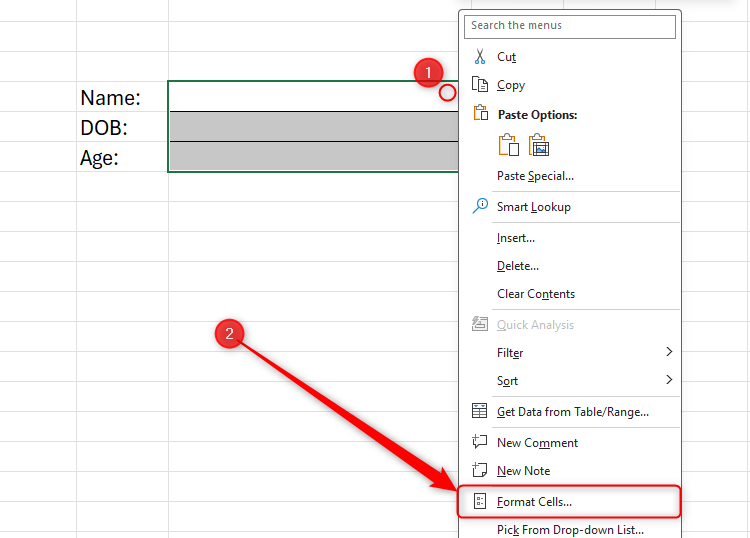 An Excel sheet with three cells selected and right-clicked, and the Format Cells option highlighted.