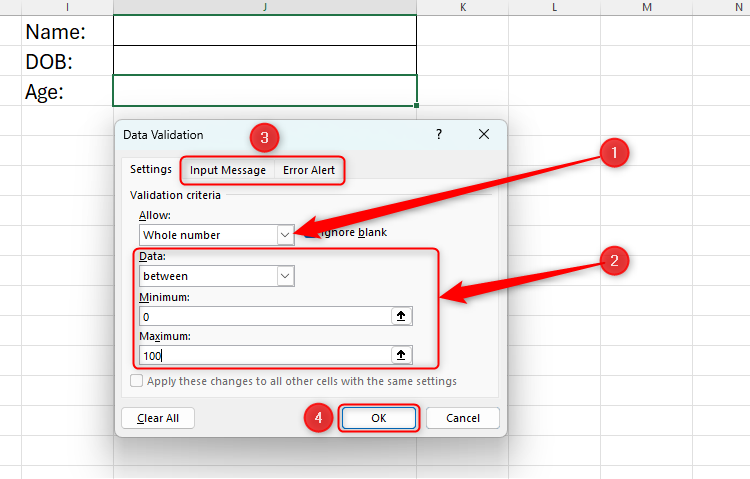 Excel's Data Validation dialog box with the different options highlighted.