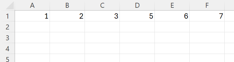 An Excel sheet with numbers typed across row 1. The number 4 has been accidentally omitted.