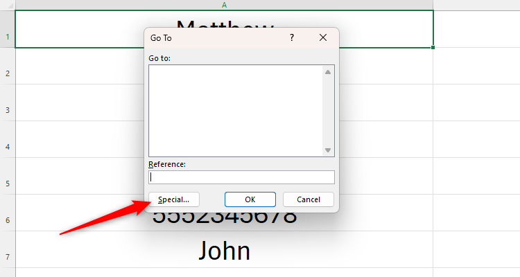 The Go To dialog box in Excel, with the 'Special' button highlighted.