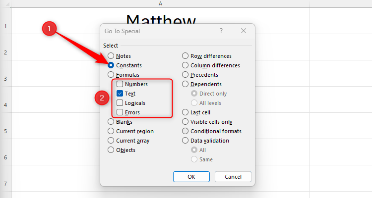 Excel's Go To Special dialog box with 'Constants' and 'Text' checked.