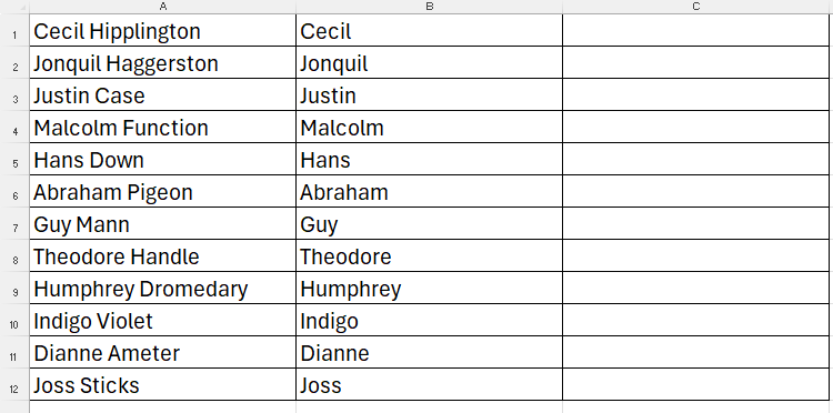 An Excel sheet with full names in column A and first names in column B.