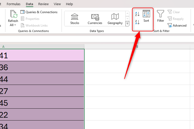 An Excel sheet containing a single column of data and the Sort And Filter group in the Data tab highlighted.