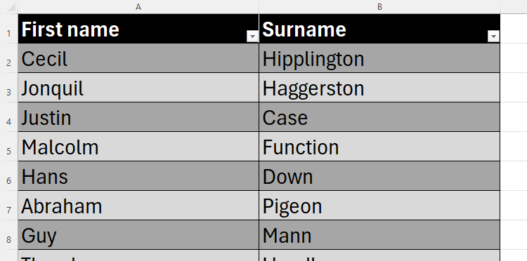 An Excel sheet containing a formatted table with first names in column A, surnames in column B, and the filter button added to the header row.