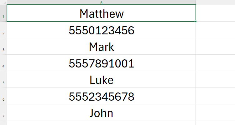 An Excel spreadsheet with people's names and their phone numbers in alternate rows in column A.