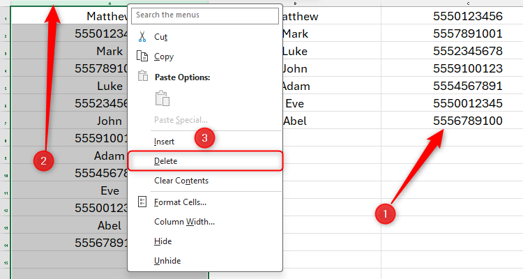 An Excel sheet with the original data from column A split into columns B and C. The Delete button is highlighted after having right-clicked on the column A header.