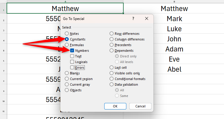 Excel's Go To Special dialog box with 'Constants' and 'Numbers' checked.