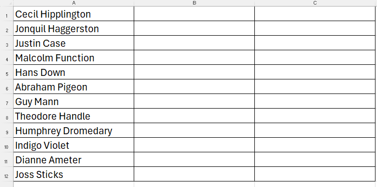 An Excel sheet with full names in column A, and columns B and C are blank.