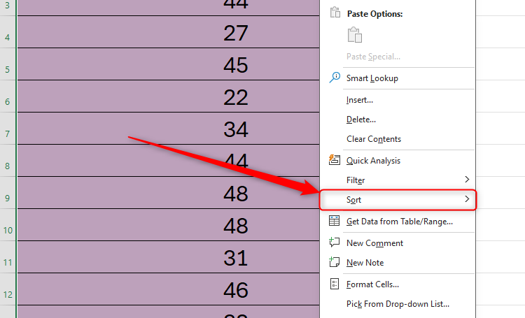 An Excel sheet containing a single column of data and the Sort option highlighted.