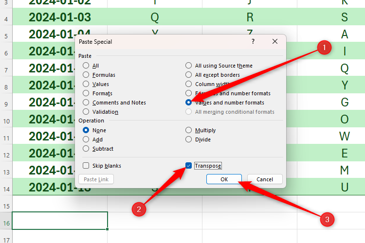 Excel's Paste Special dialog box with 'Values And Number Formats' and 'Transpose' checked, and the 'OK' button highlighted.