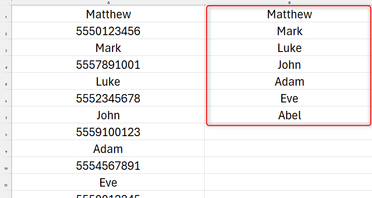 An Excel sheet with names pasted into column B from the original list in column A.