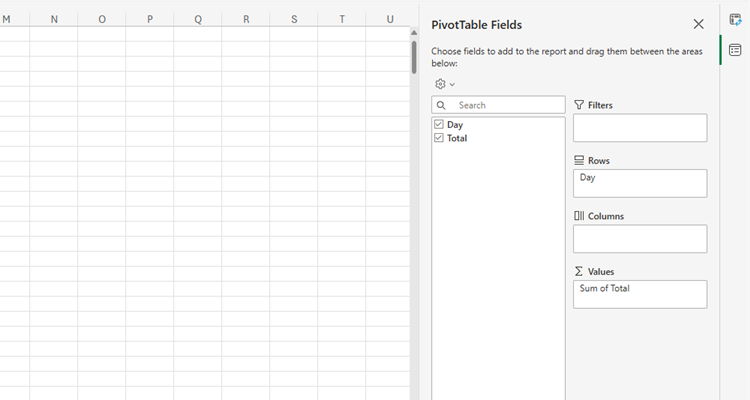 An Excel sheet with the PivotTable Fields sidebar opened on the right.