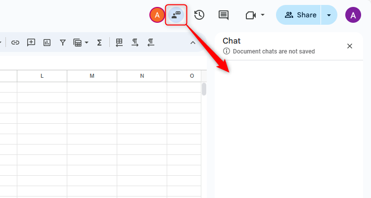 The chat icon in Google Sheets, with an arrow pointing to the chat sidebar that appears when you click the chat icon.