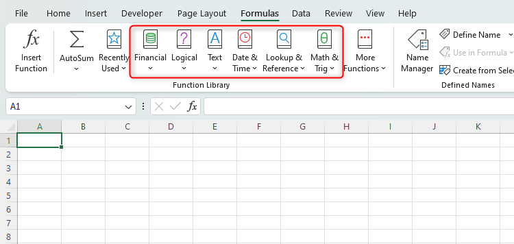 An Excel worksheet with the Formulas tab open and the different formula groups highlighted.