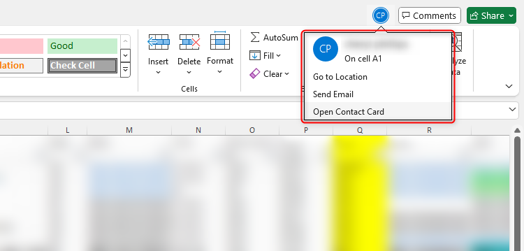 An Excel desktop app workbook showing a collaborator working on the sheet and the contact options available if you click the initials of the collaborator.