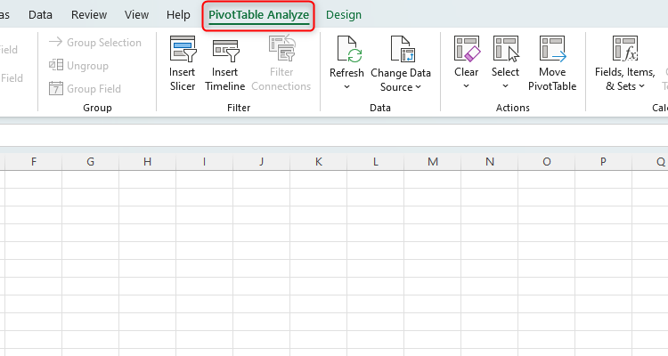 The Excel desktop app with the PivotTable Analyze tab highlighted.