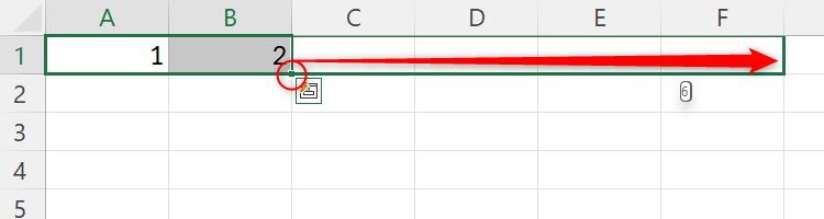 An Excel sheet with the numbers 1 and 2 typed into cells A1 and B1 respectively, and the AutoFill handle is highlighted with an arrow pointing in the direction to click and drag the AutoFill handle.