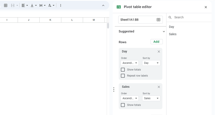 An Excel sheet with the Pivot Table Editor sidebar on the right.