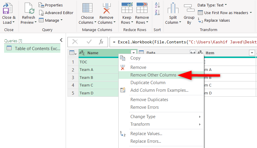 Removing all other columns except the sheet name column.