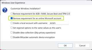 select remove requirement for an online Microsoft account