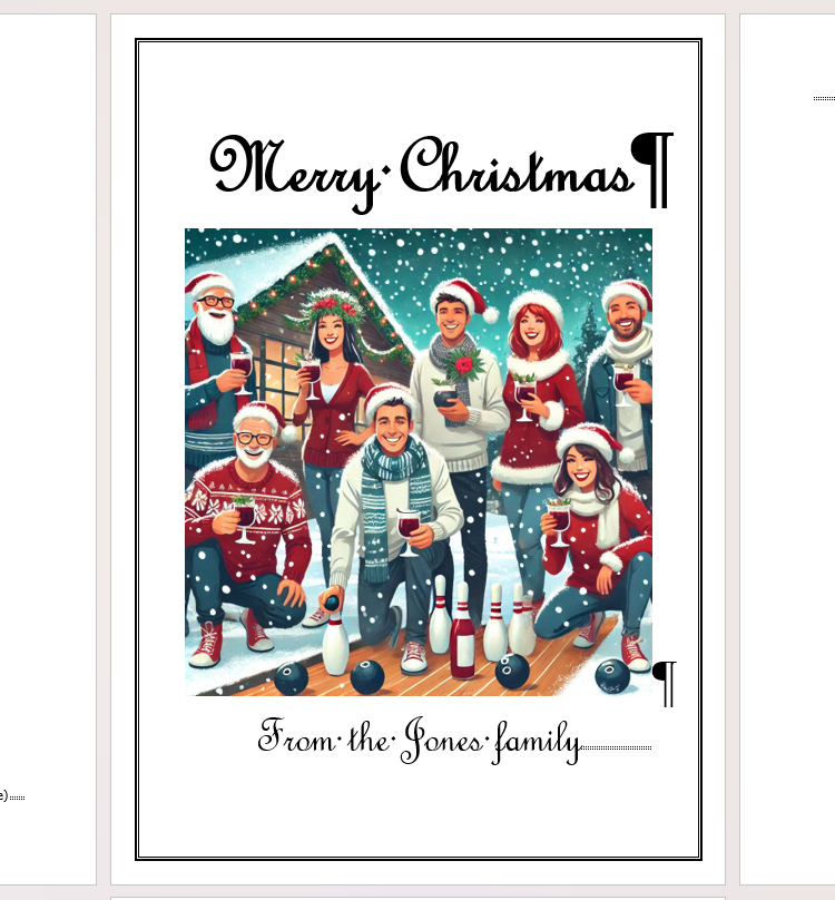 A Christmas card front design in Microsoft Word, which includes a border around the edge, some text, and an image generated in Designer.