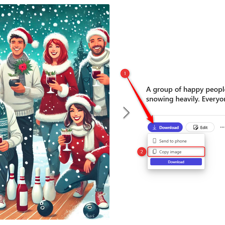 A Christmas bowling scene generated by Microsoft Designer, and Download and Copy Image are selected.