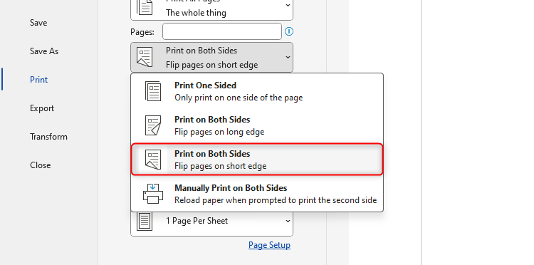 Microsoft Word's print menu, with Print On Both Sides (short edge) selected.