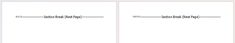 A Word document containing two pages (labeled FRONT and BACK), separated by section breaks.