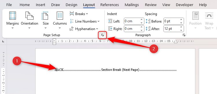 The cursor in the first word of a Word document, and the Page Setup dialog launcher button in the Layout tab is selected.