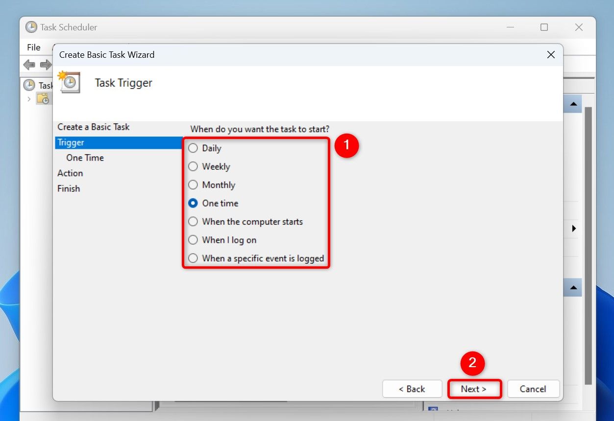 Task frequency options and "Next" highlighted for the task.