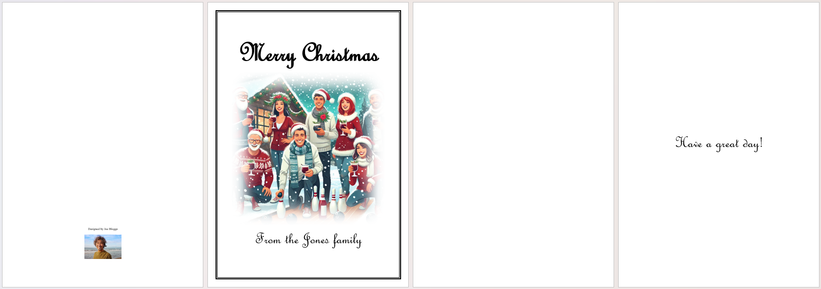 The four pages of a Christmas card designed in Microsoft Word.