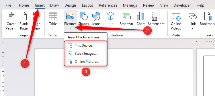 The Pictures drop-down in Microsoft Word's Insert tab.