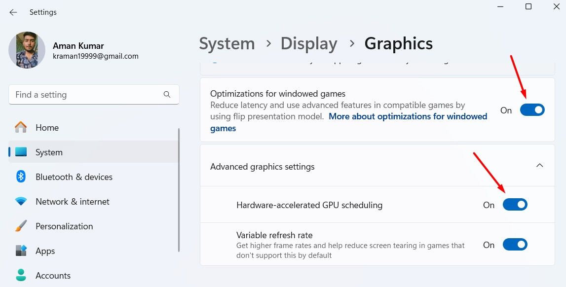 Graphics window in the Settings app.