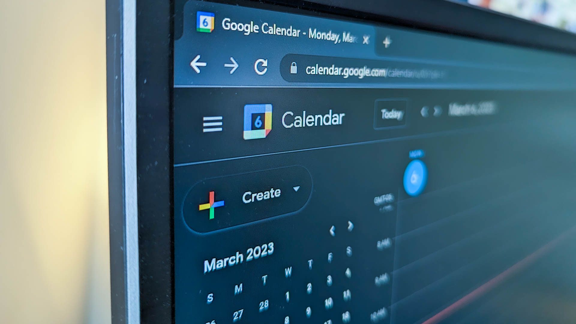 Google Calendar on Chrome in dark mode.